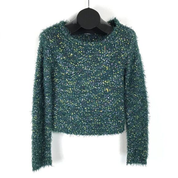 Wild Fable Cropped Fuzzy Sweater Size Medium Green Pullover Casual Winter Party - Picture 1 of 11